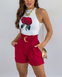 Rose Print Tank Top & Pocket Design Shorts Set With Belt