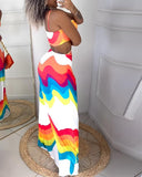 Rainbow Stripe Print Hollow Out Maxi Dress