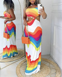 Rainbow Stripe Print Hollow Out Maxi Dress