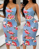 Lace Trim Spaghetti Strap Floral Print Dress