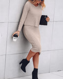 2PCS/Set Cable Knit Long Sleeve Sweater Top & Slip Midi Dress