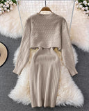 2PCS/Set Cable Knit Long Sleeve Sweater Top & Slip Midi Dress