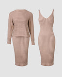 2PCS/Set Cable Knit Long Sleeve Sweater Top & Slip Midi Dress