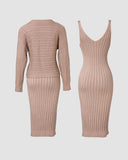 2PCS/Set Cable Knit Long Sleeve Sweater Top & Slip Midi Dress