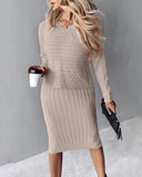 2PCS/Set Cable Knit Long Sleeve Sweater Top & Slip Midi Dress