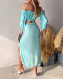 Frill Hem Crop Top & Tassel Design High Slit Skirt Set