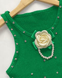 Floral Pattern Rhinestone Pearls Decor Knit Tank Top