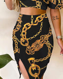 Chain Print Twisted Crop Top & Slit Skirt Set