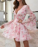 Butterfly Floral Print Bell Sleeve Dress