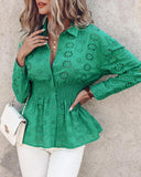 Eyelet Embroidery Shirred Long Sleeve Top