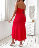 Eyelet Embroidery Bandeau Ruched Slit Casual Dress