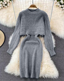 2PCS/Set Cable Knit Long Sleeve Sweater Top & Slip Midi Dress