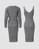 2PCS/Set Cable Knit Long Sleeve Sweater Top & Slip Midi Dress