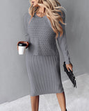 2PCS/Set Cable Knit Long Sleeve Sweater Top & Slip Midi Dress