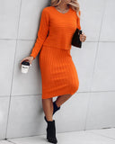 2PCS/Set Cable Knit Long Sleeve Sweater Top & Slip Midi Dress