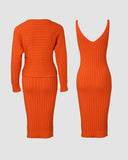 2PCS/Set Cable Knit Long Sleeve Sweater Top & Slip Midi Dress