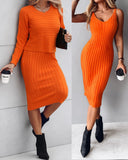 2PCS/Set Cable Knit Long Sleeve Sweater Top & Slip Midi Dress