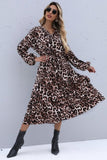 leopard print v neck knot waist a lined dress