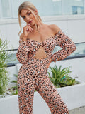 leopard print off shoulder cutout jumpsuit