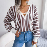 striped lace up v neck sweater
