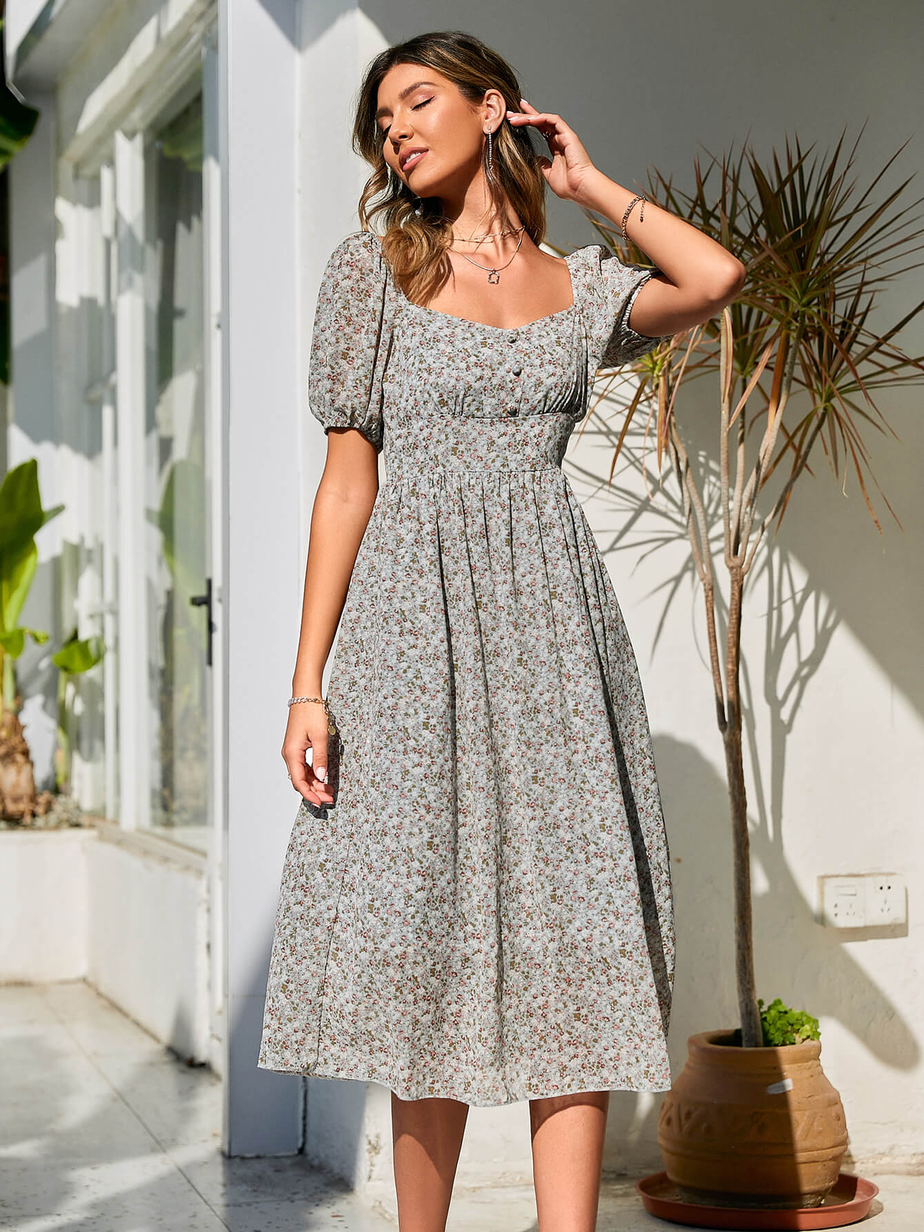 ditsy floral puff sleeve buttoned midi dress