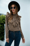 animal print buttoned ruffled long sleeve blouse