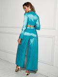 floral satin tie front cropped top and wide leg pants set