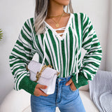 striped lace up v neck sweater