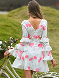 floral cutout layered split sleeve dress