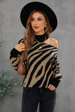 zebra print mock neck cold shoulder sweater