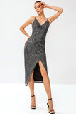 sequined spaghetti strap ruched wrap dress