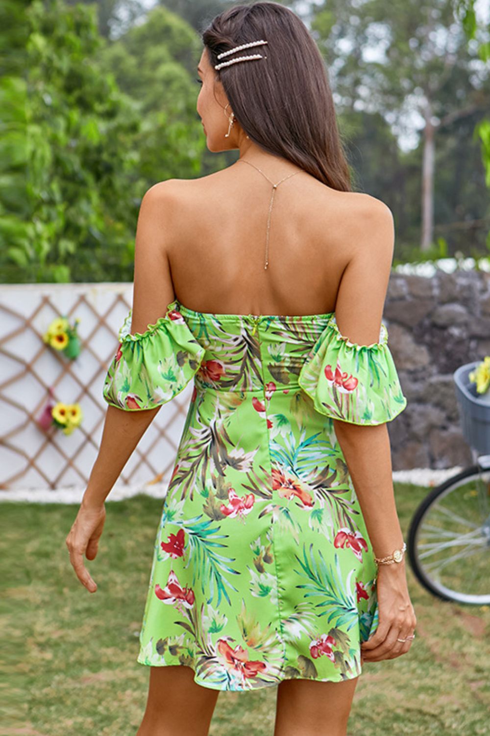 floral drawstring detail cutout off shoulder mini dress