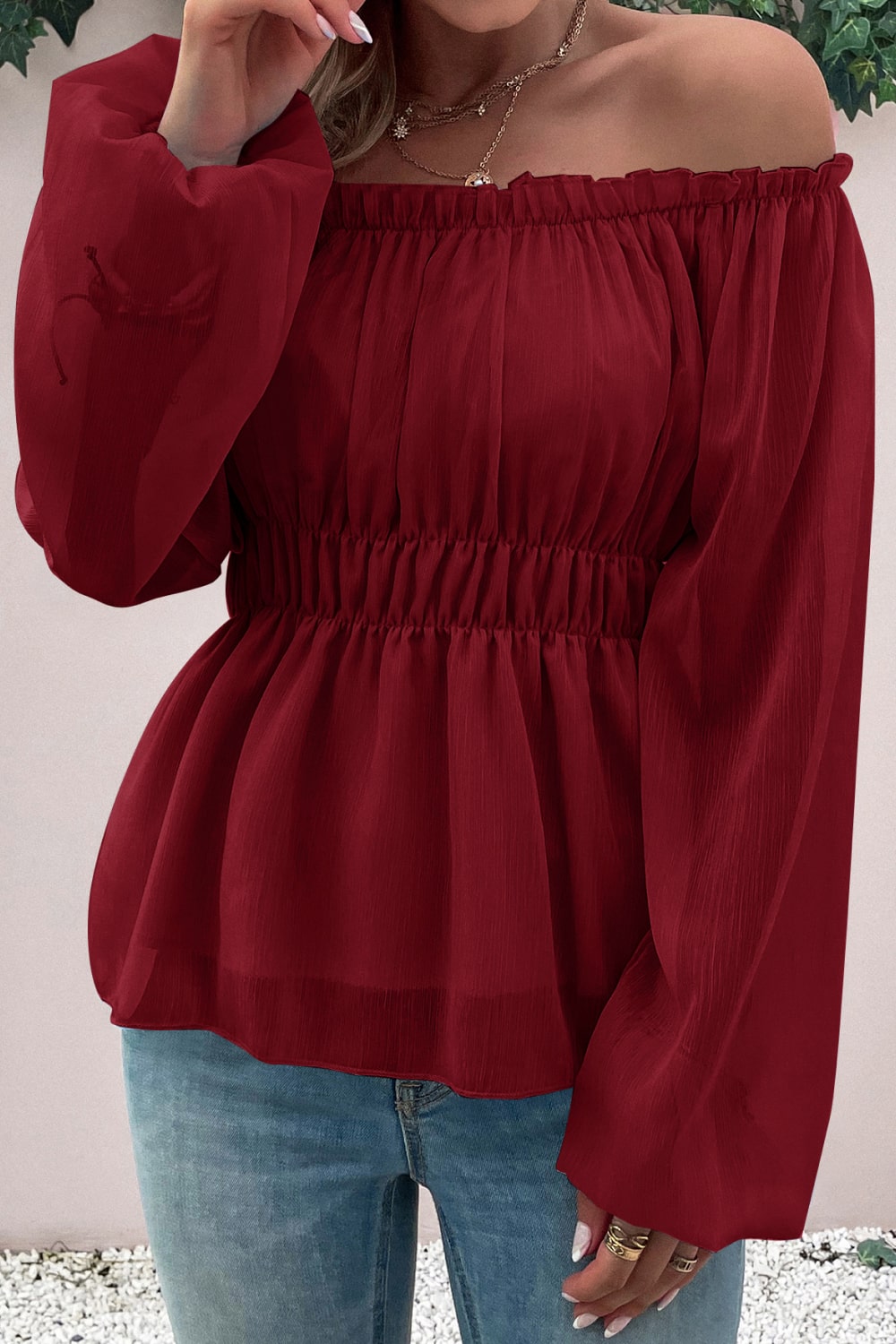 balloon sleeve off shoulder peplum blouse