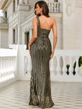 striped sequin one shoulder split dress