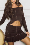 Casual Solid Patchwork Asymmetrical Off the Shoulder Long Sleeve Two Pieces