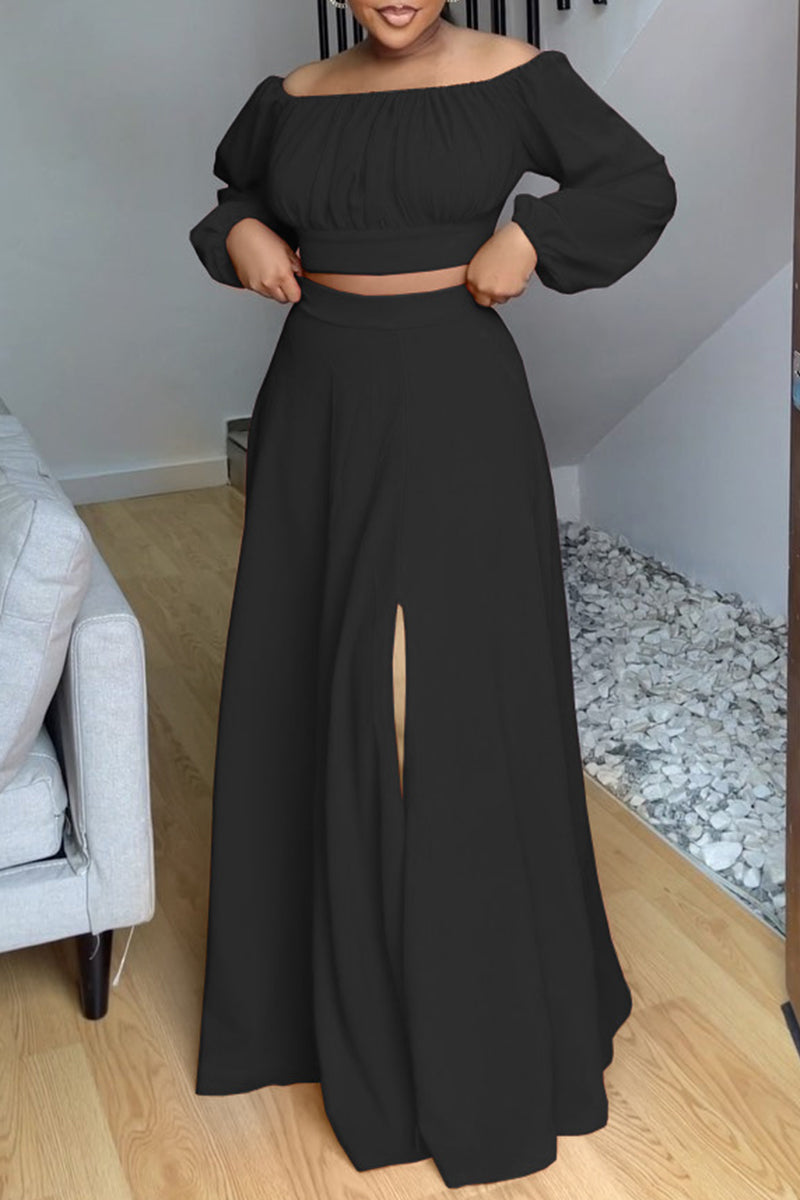 Casual Solid Slit Off the Shoulder Long Sleeve Two Pieces