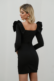ruffle shoulder lace up ruched bodycon dress