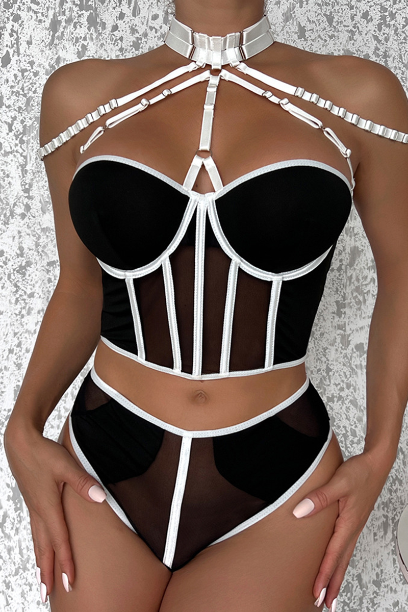 Sexy Solid Patchwork Metal Accessories Decoration Mesh Contrast Lingerie
