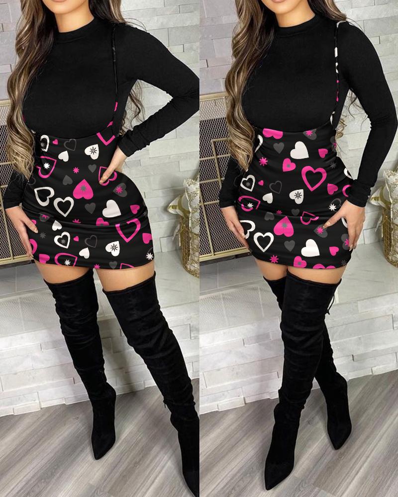 Valentine's Day Long Sleeve Top & Heart Print Suspender Skirt Set