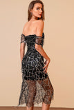 sequin mesh fringe off shoulder dress