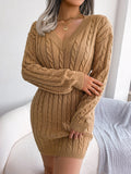 cable knit v neck mini ribbed sweater dress