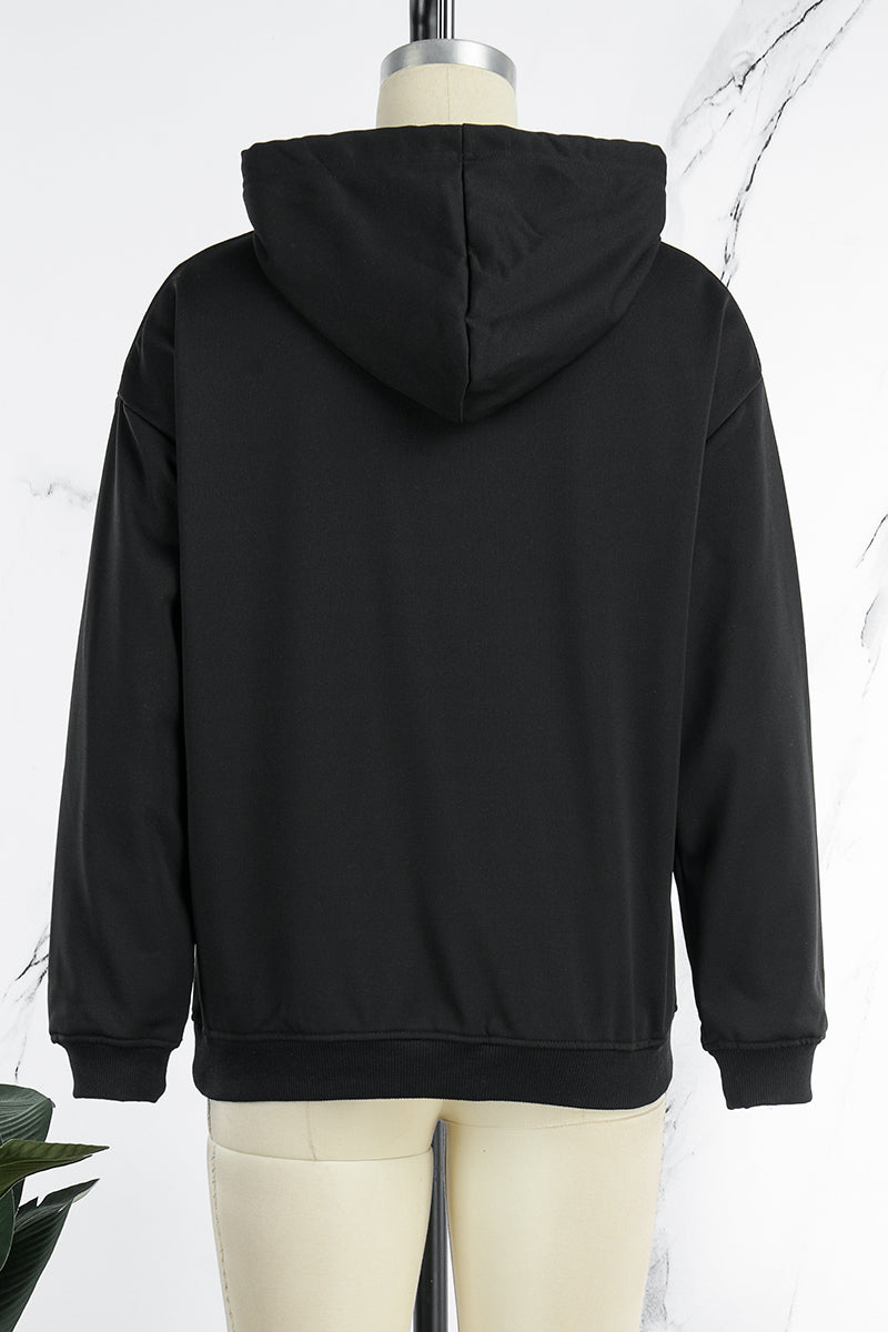 Daily Print Draw String Hooded Collar Tops