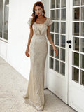 sequin ruched floor length fishtail dress