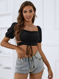 ruched drawstring sweetheart neck puff sleeve cropped top