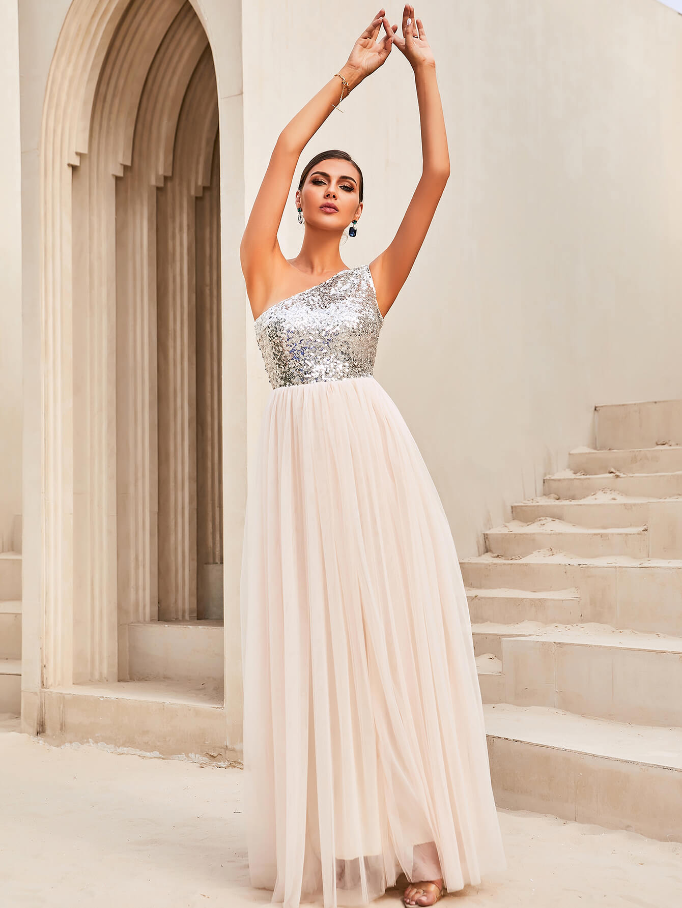 two tone sequin one shoulder sleeveless dress