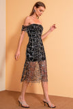 sequin mesh fringe off shoulder dress