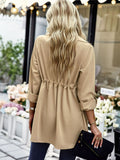 open front drawstring lapel collar trench coat with pockets