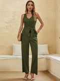 belted v neck button front sleeveless jumpsuit