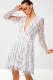 sequined fringe detail mesh sleeve plunge mini dress