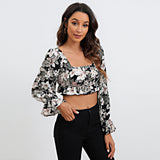 floral flounce sleeve cropped top